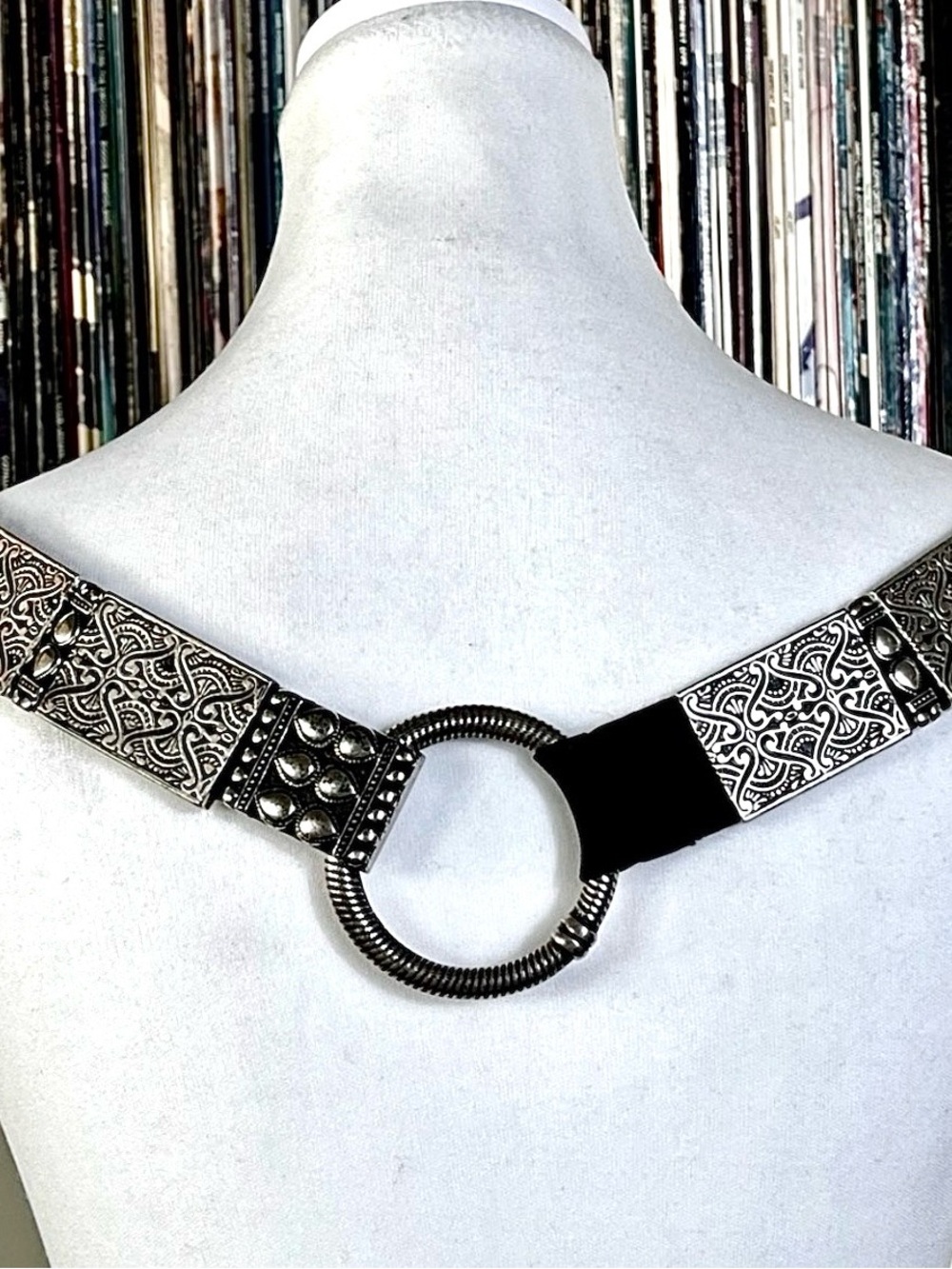 Chico's Vintage Silver Statement Belt Boho Western Etched Metal Elastic Stretch